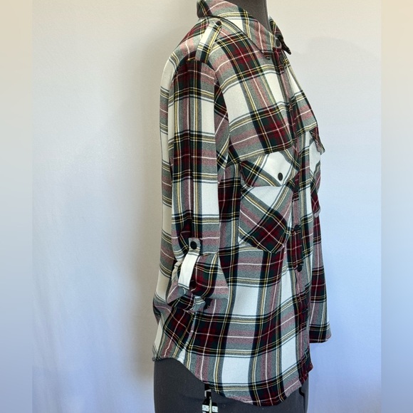 Sanctuary Boyfriend Flannel Snap Front Red White and Navy Plaid Shirt Si… - Picture 2 of 8